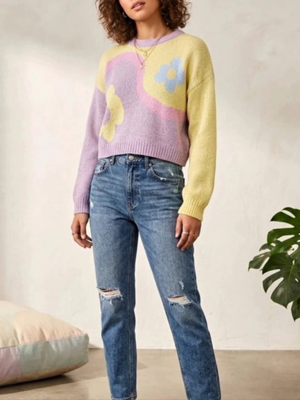 Zara Floral Jacquard Knit Sweater Purple & Yellow Small